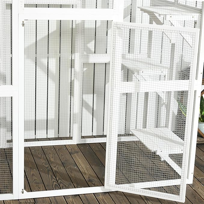 PawHut Outdoor Cat House Big Catio Wooden Feral Cat Shelter Enclosure with Large Spacious Interior, 6 High Ledges, Weather Protection Asphalt Roof, 71" L, White
