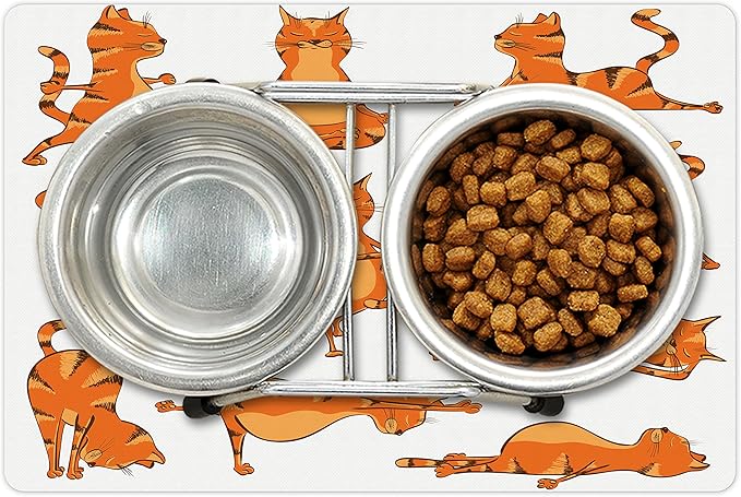 Lunarable Cat Pet Mat for Food and Water, Cats Doing Funny Fitness Exercises and Flexibility Position Sports Stretch Gymnastics, Non-Slip Rubber Mat for Dogs and Cats, 18" X 12", Orange White