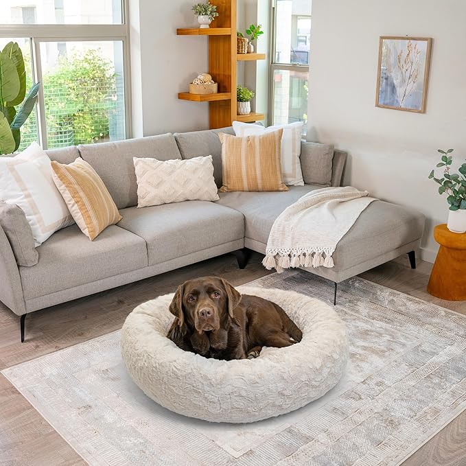 Best Friends by Sheri Original Calming Donut Dog and Cat Bed, Lux Faux Fur, Oyster, (36in x 36in) - Anxiety Relief for Pets Up to 100 lbs