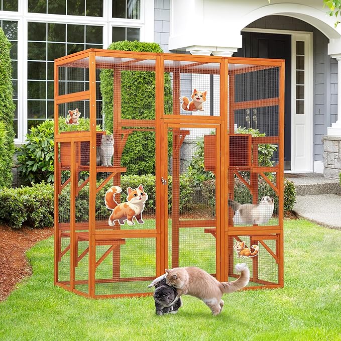 COZIWOW 70Inches Large Spacious Wooden Outdoor Catio with Perches and Condos, Cat Catio Enclosures Indoor Kitty Window Kennel with Waterproof Roof, 7 Platforms & 2 Resting Box, UV Resistant(Orange)