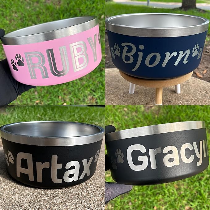 Custom Dog Bowl with Paws and Name - Engraved, Nonslip, Personalized, Custom Cat Bowl, 304 Stainless Steel, Feeding, Pet Supplies (Navy, Large -64oz)
