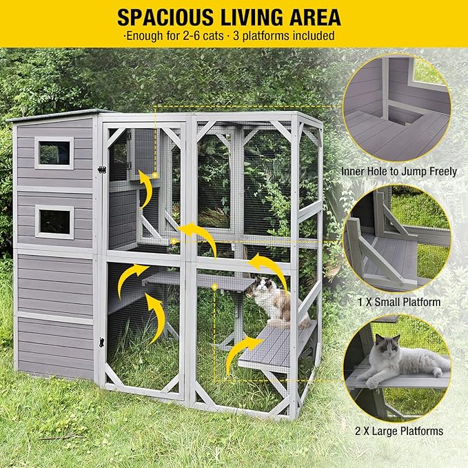 Aivituvin Large Cat Catio 4 Tiers Cat Enclosures House for Outdoor Indoor Cats with Weatherproof Roof, 3 Resting Rooms, 3 Platforms, 5 Windows 70" H 77" L