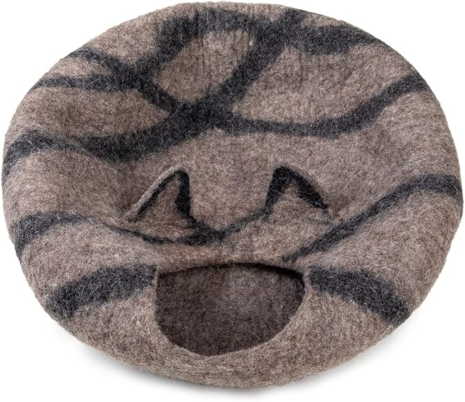 Woolygon Wool Cat Cave Bed - Handcrafted 100% Merino Wool, Eco-Friendly Felt Cat Cave for Indoor Cats and Kittens (Tabby Ears)