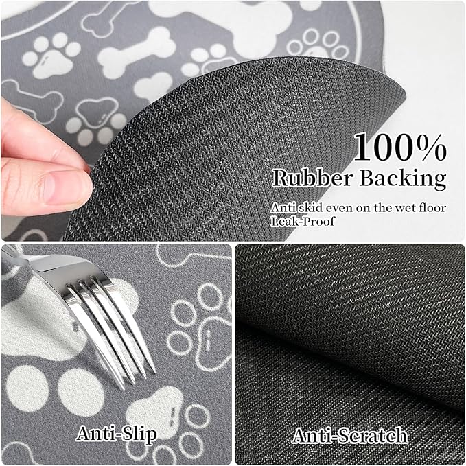Dog & Cat Food Mat Bone Shaped Pet Feeding Mat Quick Absorb Water Bowl Placemat with Rubber Backing Indoor Floor Stain Resistant Pet Accessory Supplies (Grey, 16x24 Inches)