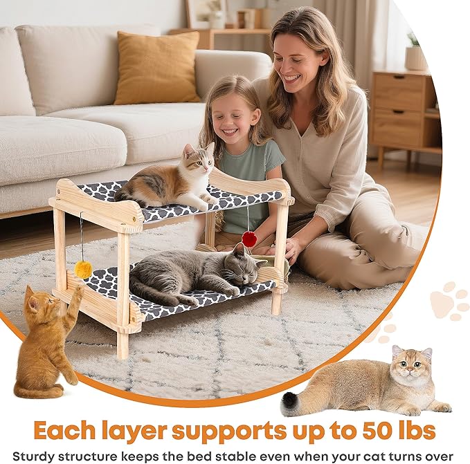 2-Layer Cat Hammock Bed, 24"x15.7"x16.3" Elevated Cat Bed with Pine Wood Frame, Breathable Washable Covers, Wooden Pet Furniture for Indoor Cats and Small Animals (Grey-2)