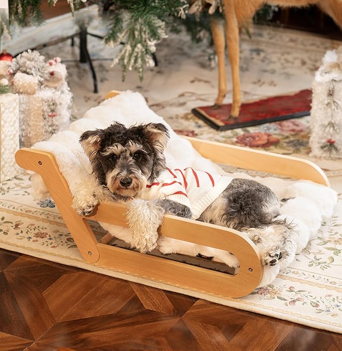 Elevated Cat Couch Bed for Indoor, Wooden Cats Sofa with Washable Fluffy Cover Raised Kitty Lounge Chair Suitable for Puppy(Cat Lounge Off-White)