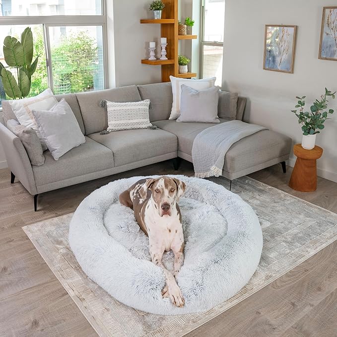 Best Friends by Sheri Original Calming Donut Dog and Cat Bed, Shag Faux Fur, Frost Gray, XXL (54in x 54in) - Anxiety Relief for Pets Up to 210 lbs