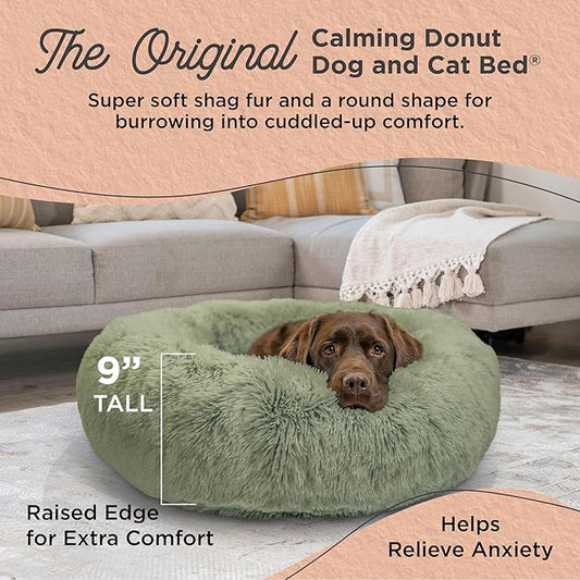 Best Friends by Sheri Original Calming Donut Dog and Cat Bed, Shag Faux Fur, Sage Green, (36in x 36in) - Anxiety Relief for Pets Up to 100 lbs