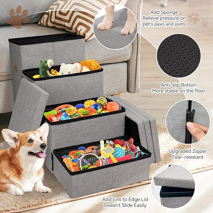 Dog Stairs 23" H, 4-Step Wider Dog Steps for High Beds Window, Folding Storage Pet Stairs Gift for Small/Medium/Large Old Dogs Cats, Ramp for Climbing Car Up to 200 lbs (Gray, with Condo)