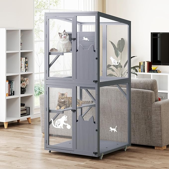 COZIWOW Catio Outdoor Cat Enclosure Window Access, Outdoor Cat House with Wheels, Cage for Cats Indoor(Grey, Medium)