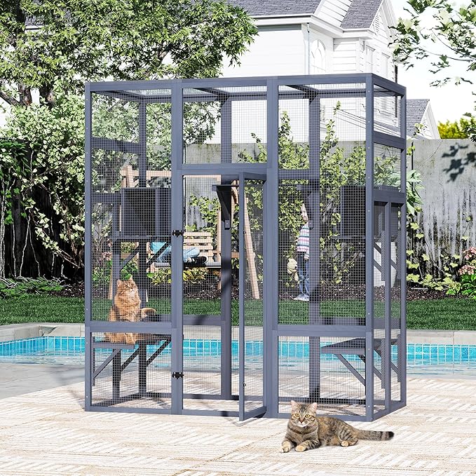 71Inches Large Wood Catio Outdoor Cat Enclosure with Perches and Condos, Cat House Indoor with Waterproof Roof, Cat Shelter 5 Platforms & 2 Resting Box, UV Resistant (Grey)