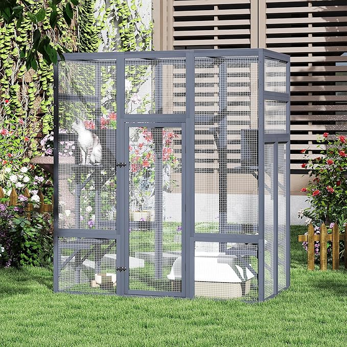 71Inches Large Wood Catio Outdoor Cat Enclosure with Perches and Condos, Cat House Indoor with Waterproof Roof, Cat Shelter 5 Platforms & 2 Resting Box, UV Resistant (Grey)