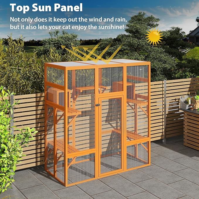 COZIWOW 70Inches Large Spacious Wooden Outdoor Catio with Perches and Condos, Cat Catio Enclosures Indoor Kitty Window Kennel with Waterproof Roof, 7 Platforms & 2 Resting Box, UV Resistant(Orange)