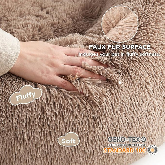 Bedsure Calming Dog Beds Large Sized Dog - Donut Washable Large Pet Bed, 36 inches Anti-Slip Round Fluffy Plush Faux Fur Dogs Bed, Fits up to 80 lbs Pets, Camel