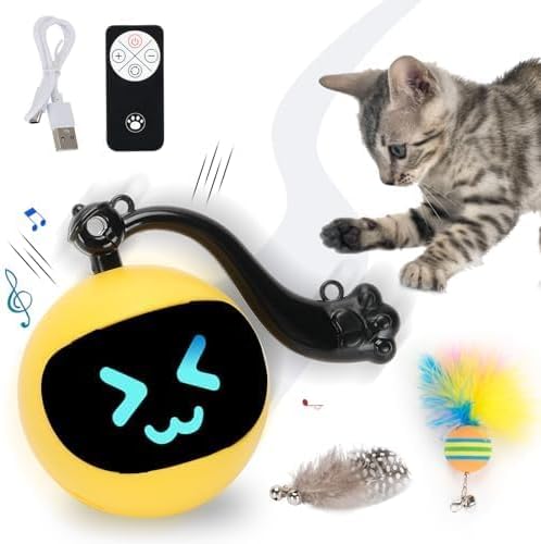 Electric Interactive Cat Feather Toy Ball for Indoor Cats,Turbo Tail Mouse Chase with LED Remote Control Cat Toy,Electric Automatic Moving Ball, Motion Activate Chirping Bird Sound Yellow