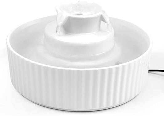 Ceramic Cat Water Fountain, 2.1L/71oz Cupcake Pet Water Fountain for Cats and Dogs, Ultra-Quiet Pump Pet Fountain with Replacement Filter and Foam (White)