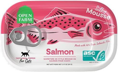 Open Farm, Canned Cat Food Topper, Silky Mousse Made with 95% Responsibly Sourced Icelandic Fish, Grain & Legume Free, Salmon Recipe, 3.17oz Cans (Pack of 17)