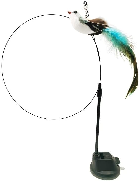 Interactive Cat Feather Toy with Super Suction Cup & Bonus Double-Sided Nano Adhesive – 3 Replaceable Feathers, Bell & Spring Wand – Fun Exercise for Indoor Cats & Kittens (Fly Bird Blue)