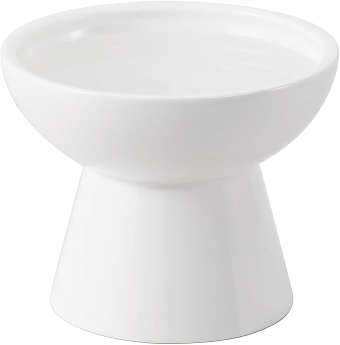 Extra Wide Elevated Ceramic Cat Water Bowl - 6.2" Deeper Dish for Whisker Fatigue Relief, 5" Height for Easy Feeding, Lead & Cadmium Free, Durable Raised Cat Bowls, White