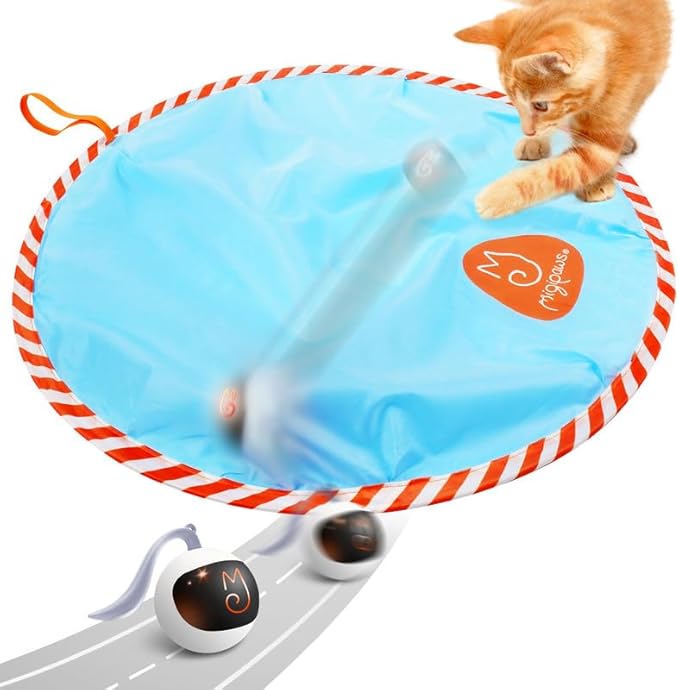 Migipaws Interactive Cat Ball Toy Set, Fun Tracker, Glowing Chase Ball with MystiChaser Pouch, Fluffy Tail, A Small Mice (White)