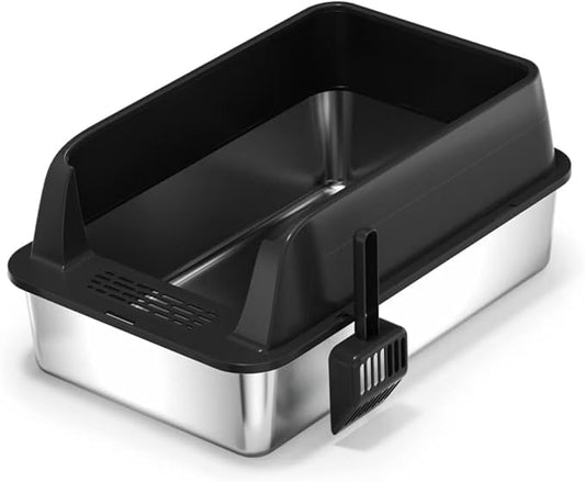 Stainless Steel Cat Litter Box，Metal Kitty Litter Box with High Wall Sides Enclosure for Big and Small Cats, Odor Control, Easy Clean,Non-Sticky, Anti-Leakage