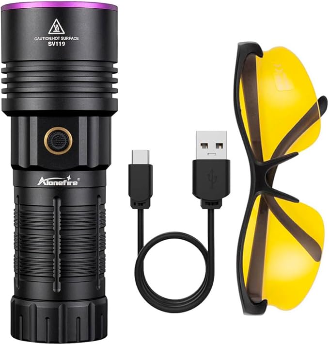 ALONEFIRE SV119 365nm UV Flashlight 90W Powerful Blacklight Digital Display USB C Rechargeable Black Light for Pet Urine Detector, Scorpion, Resin, Bed Bug, Fishing with UV Protective Glasses, Battery