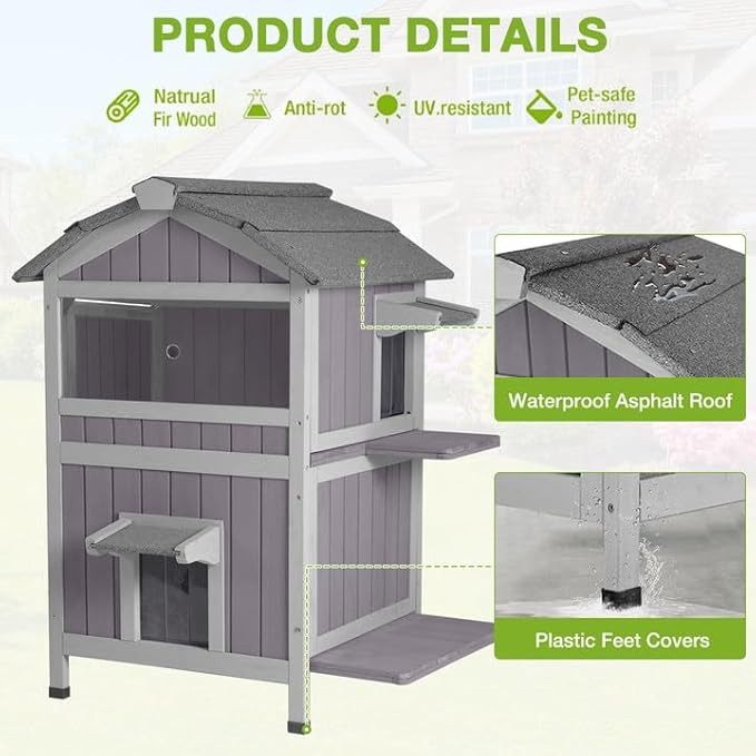 GUTINNEEN Cat House Outdoor Weatherproof Feral Cat Shelter with Removable Floor, 2-Story Wooden Kitty House with Escape Doors and Window