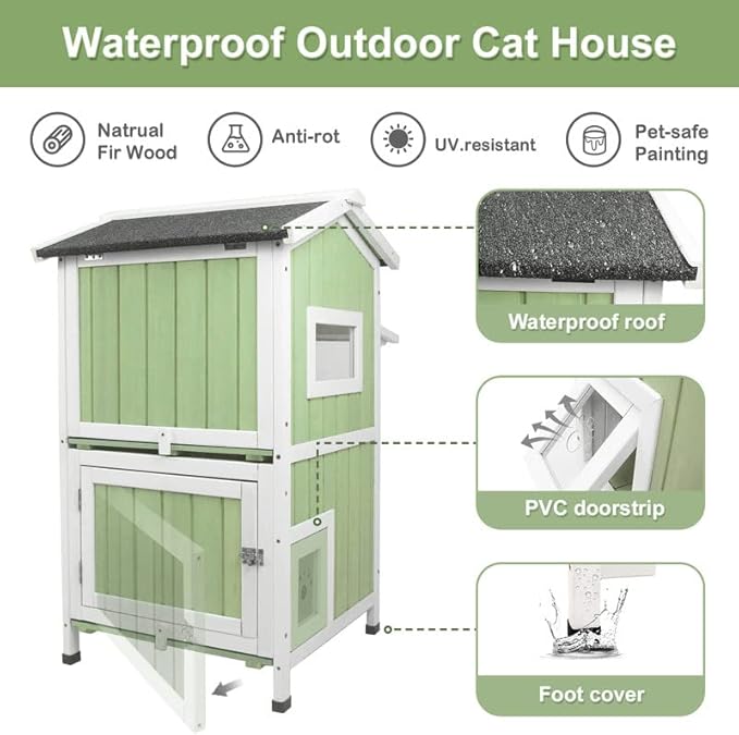 Outdoor Cat House Shelter Weatherproof, Two Story Wooden Outside Feral Cat House with Openable Roof, Escape Door