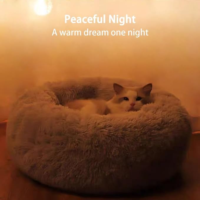 Cat Beds for Indoor Cats, Dog Bed, Cat Bed, Machine Washable, Fluffy Round Pet Bed Non-Slip, Autumn and Winter Warmth, Cuddler Cushion Self Warming (Grey, 20 inch)