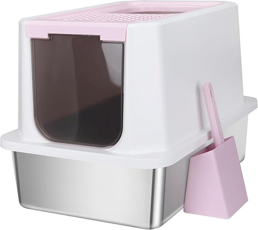 RIZZARI Stainless Steel Cat Litter Box, Odorless Enclosed Litter Box with Top Holes, Large Litter Pan for Small to Large Sized Cats (Pink, 23.8" L*15.9" W*16.1" H)