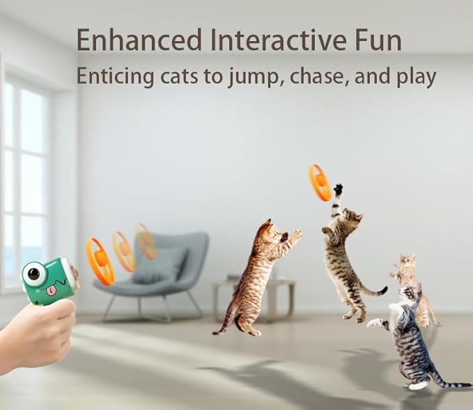 Dinosaur Frisbee Gun - The Ultimate Cat Interactive Toy (Yellow)，Making a cat Fly，Cat Toy Gun，Cat Frisbee Launcher，Cat Fetch Toy with Colorful Flying Propellers Set