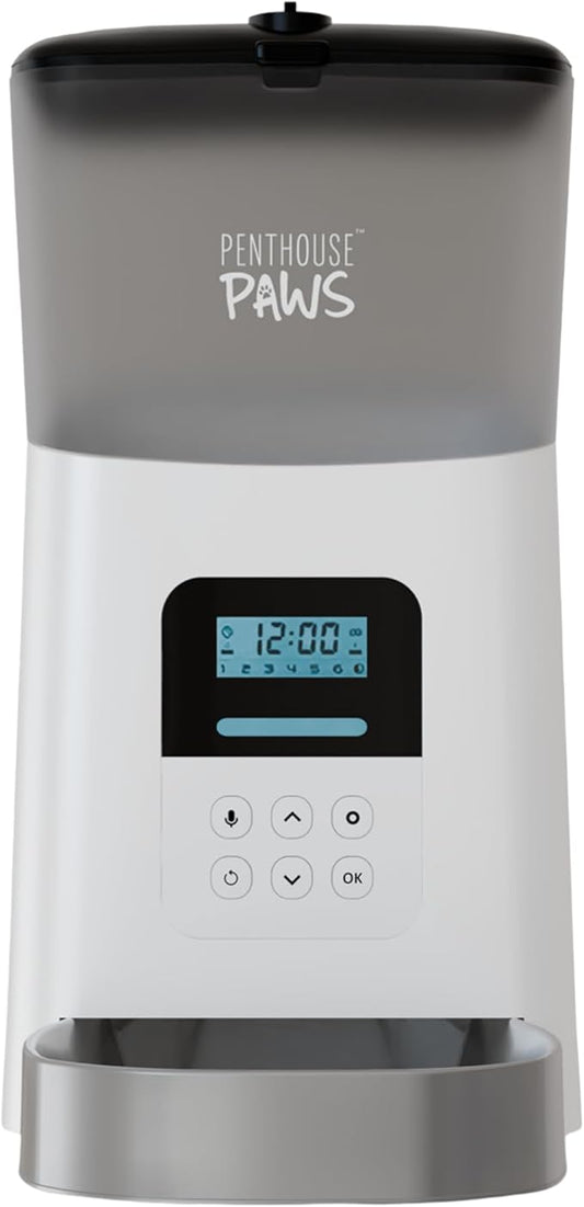 Automatic Cat Feeder, 6L Dry Dog Food Dispenser with LCD Display, Twist-Lock Storage with Freshness Preservation, Anti-Jam Feeding, 10s Voice Meal Call, Upto 15 Daily Meals, Battery Backup White