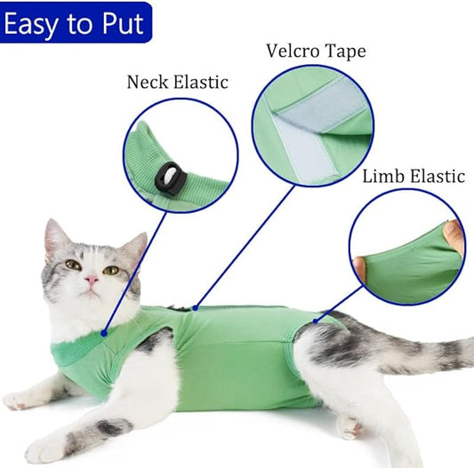 Cat Surgery Recovery Suit Professional for Surgical Abdominal Wound Or Skin Diseases E-Collar Alternative for Cats After Surgery Wear Pajama Suit (Green, Medium)