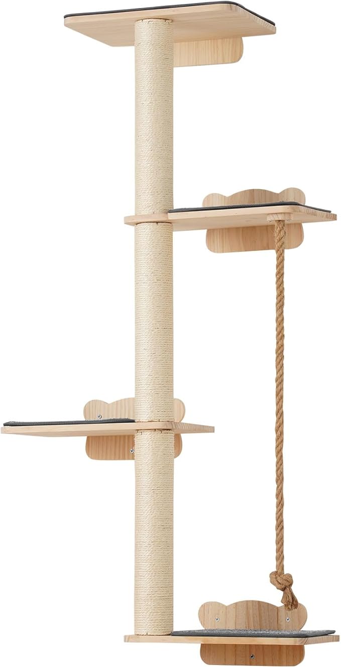 VEVOR 4 Tiers Tall Cat Wall Furniture Set with 4 Jumping Boards, Wall-Mounted Cat Floating Shelf up to 40 lbs, 12 mm Pine Wood Perch for Sleeping, Playing, and Climbing