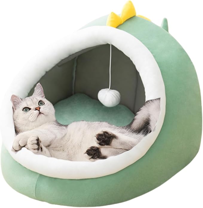 Cat Bed Cave with Removable Cushion, Indoor Pets Plush House Bed with Pompom for Small Dogs Cats Kitten Puppy Rabbits (Green,M)