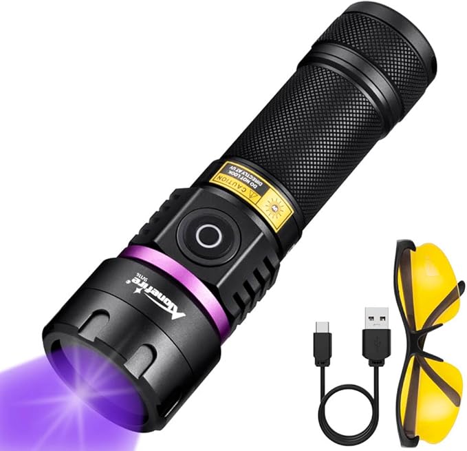 ALONEFIRE SV116 365nm UV Flashlight 60W Powerful Blacklight USB C Rechargeable Black Light for Pet Urine Detector, Scorpion, Resin, Bed Bug, Fishing with UV Protective Glasses, Rechargeable Battery