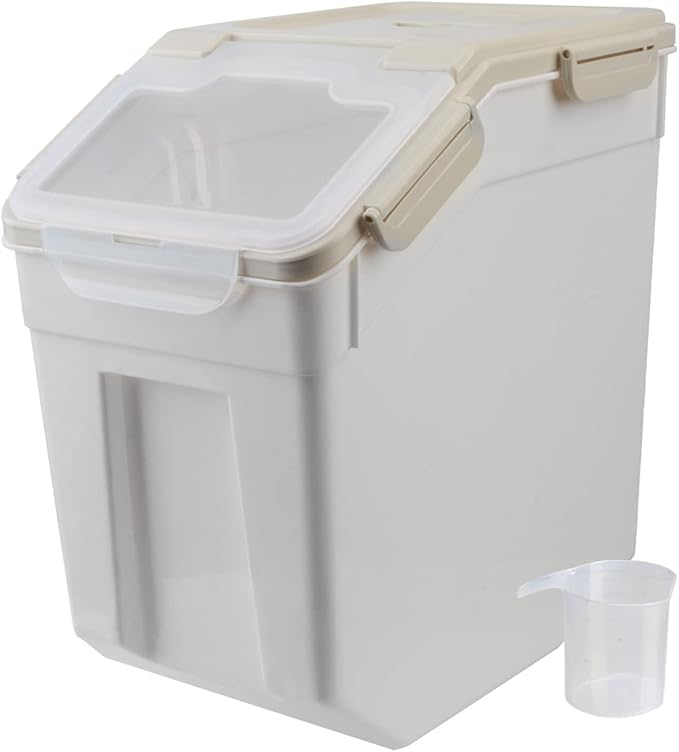 AnRui Dog Food Storage Container with Scoop, Large Airtight Plastic Pet Dog Cat Dry Food Bin, Cereal Grain Organizer Box for Rice, Flour, Snack, Baking Supplies, Kitchen Pantry, 20lb, Grey