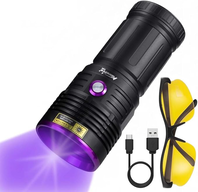ALONEFIRE SV84 365nm UV Flashlight Strong 45W USB C Rechargeable Black Light for Pet Urine Detection, Resin Curing, Scorpion, Fishing, Minerals, Cure Glue with UV Protective Glasses, 4PCS Battery
