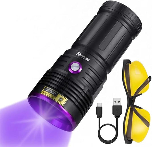 ALONEFIRE SV84 365nm UV Flashlight Strong 45W USB C Rechargeable Black Light for Pet Urine Detection, Resin Curing, Scorpion, Fishing, Minerals, Cure Glue with UV Protective Glasses, 4PCS Battery