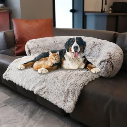 Calming Dogs/Cats Bed Mats, Dog Pad Washable Removable Couch Cover, Plush Long Fur Mat for Pets, Waterproof Lining, Perfect for Small, Medium and Large Dogs and Cats (Gradient Brown, 53"x39")