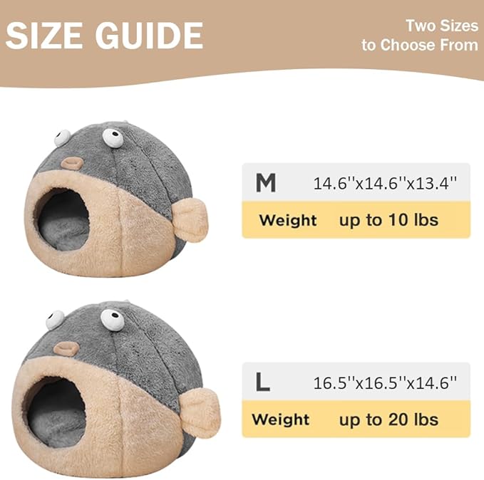 Cat Beds for Indoor Cats - Cat Bed Cave with Removable Washable Cushioned Pillow,2 in 1 Super Soft Animal-Shape Cat Tent for Kitten and Small cat, Lively Pufferfish cat beds & Furniture, Grey(M)