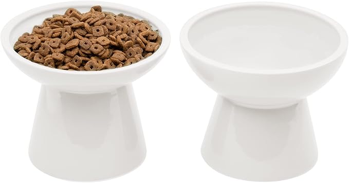 2 Elevated Ceramic Cat Bowls Extra Wide for Food & Water – Whisker Fatigue Shallow Food Dish, Lead & Cadmium-Free, Raised Height for Cats and Dogs, Two Different Depth Bowls, White