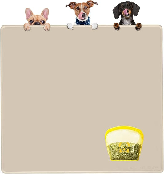 KVK Extra Extra Large Silicone Dog Food Mat 39.4×43.3in and 128oz Silicone Bag Set, Super Size Waterproof Pet Feeding Mat & Container, Non-Slip, Chew-Resistant Floor Protection (Beige&Yellow)