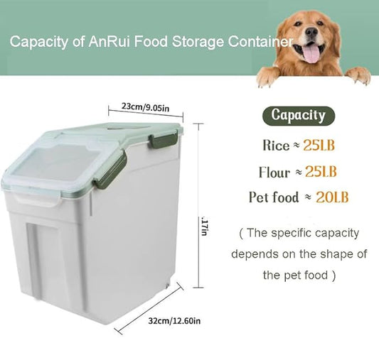 AnRui Dog Food Storage Container with Scoop, Large Airtight Plastic Pet Dog Cat Dry Food Bin, Cereal Grain Organizer Box for Rice, Flour, Snack, Baking Supplies, Kitchen Pantry, 20lb, Green