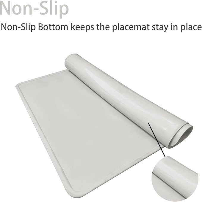 KVK Dog Water Mat 2-Pack 20×16in - Silicone Dog Mats for Food and Water, Non-Slip Pet Feeding Mat for Floors, Waterproof Cat Bowl Mats to Prevent Spills - Silver Gray & Cream