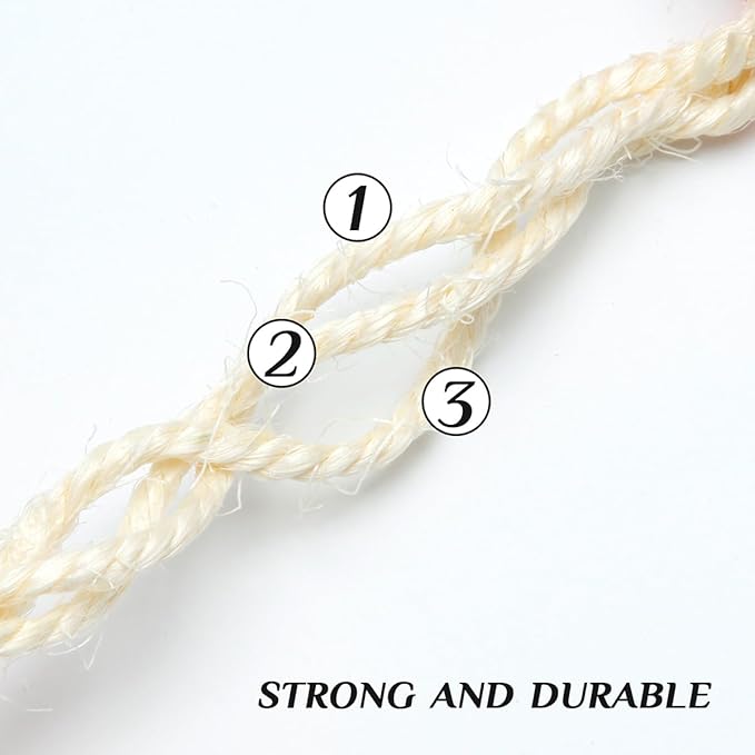 White Sisal Rope 1/6 Inch by 164-Feet for Cat Scratching Post Tree Tower Replacement Repair and Replace, DIY Hemp Twine Rope for Kittens Shelves Furniture Window Bed Perch House Climbing, 4mm by 50m