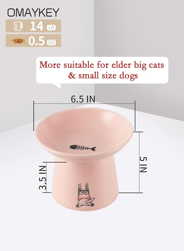 Extra Wide Elevated Ceramic Cat Bowls, 6.5 Inch Raised Pet Bowl Set for Food & Water, Whisker Fatigue Shallow Food Dish for Elder Big Cats Small Dogs, Set of 2, Green & Pink