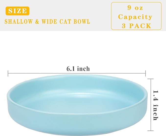 Ceramic Cat Bowls,Shallow Cat Dishes for Food and Water, 6 inch Matte Finish Wide Cat Food Bowl,Whisker Fatigue Free Pet Puppy Kitten Bowl Set of 3,Dishwasher Safe