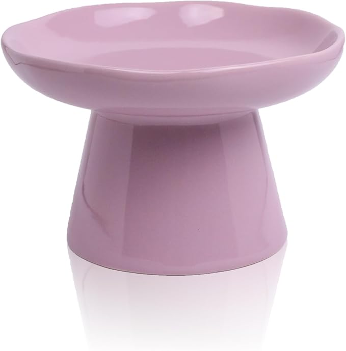Wide Shallow 6.1" Raised Cat Bowls, Ceramic Elevated Food Plate for Flat Faced Cats and Small Dogs, Porcelain Feeder Bowl, Stress Free, Protect Cat’s Spine, Lavender