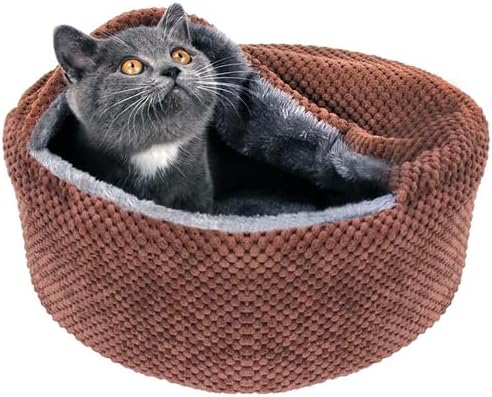 Winsterch Washable Cat Bed - Round Soft, Cozy & Warming for Indoor Cats. Calming Kitten Pet Bed. Small Pet Covered Cat Cave Beds (Coffee,12.59 x 12.59 x 5.91 in)
